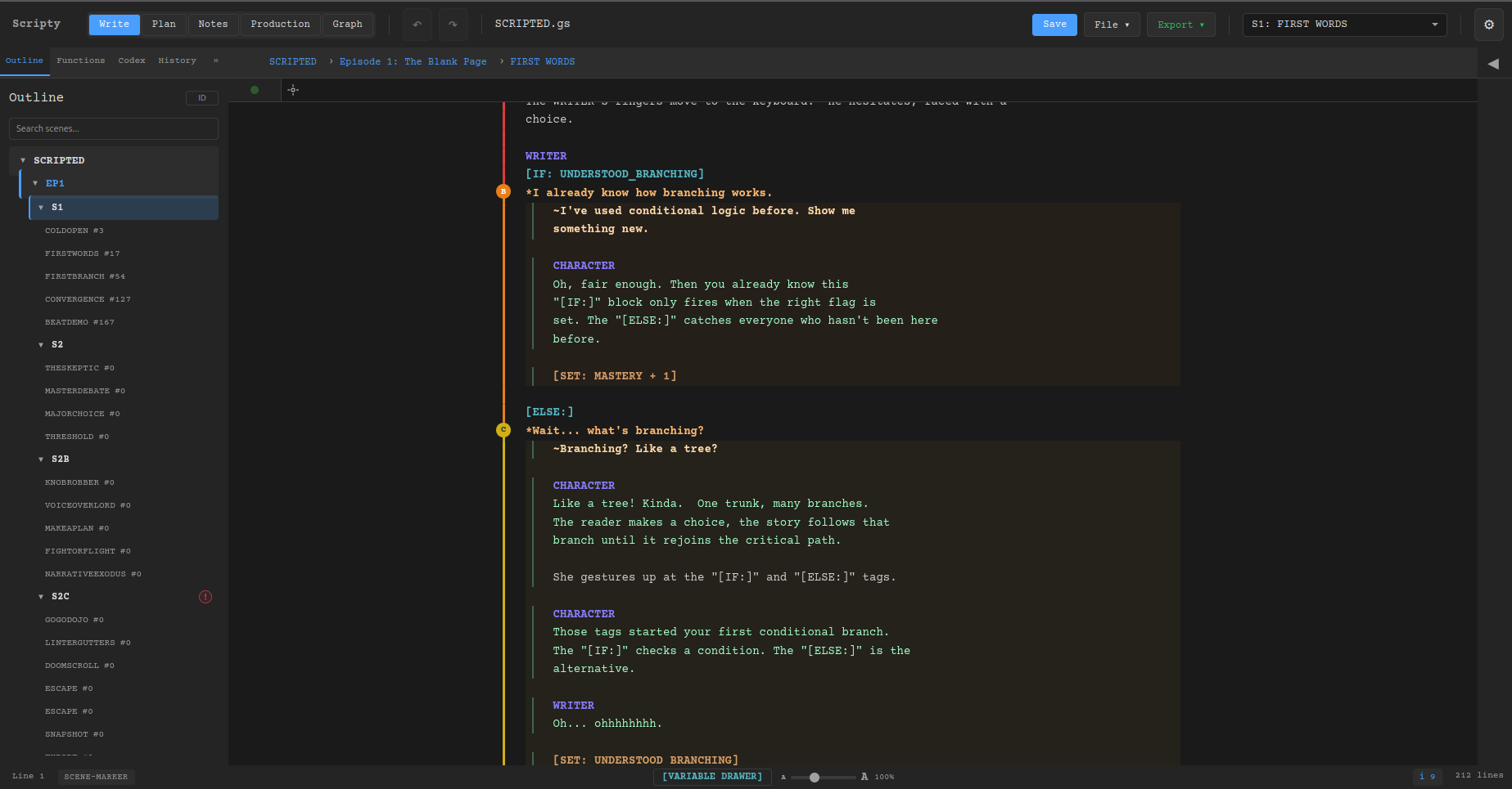 Scripty: branching narrative editor with state management